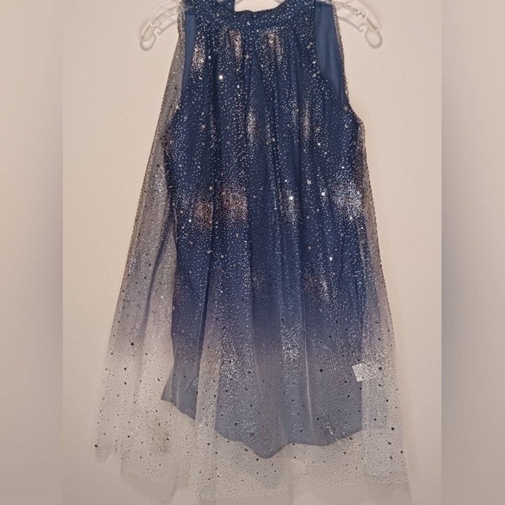 Fairy‎ Sparkle Bling Sheer Lined Blue Silver Stars & Moon Short Mini Dress S